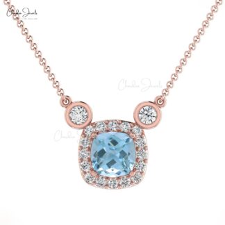 Solid 14k Gold Halo Necklace With 4mm Aquamarine And Diamond Handmade Necklaces