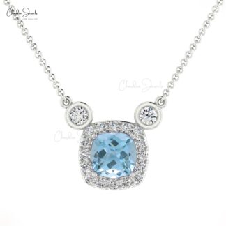 Solid 14k Gold Halo Necklace With 4mm Aquamarine And Diamond Handmade Necklaces