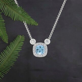 Solid 14k Gold Halo Necklace With 4mm Aquamarine And Diamond Handmade Necklaces