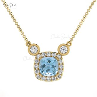 Solid 14k Gold Halo Necklace With 4mm Aquamarine And Diamond Handmade Necklaces