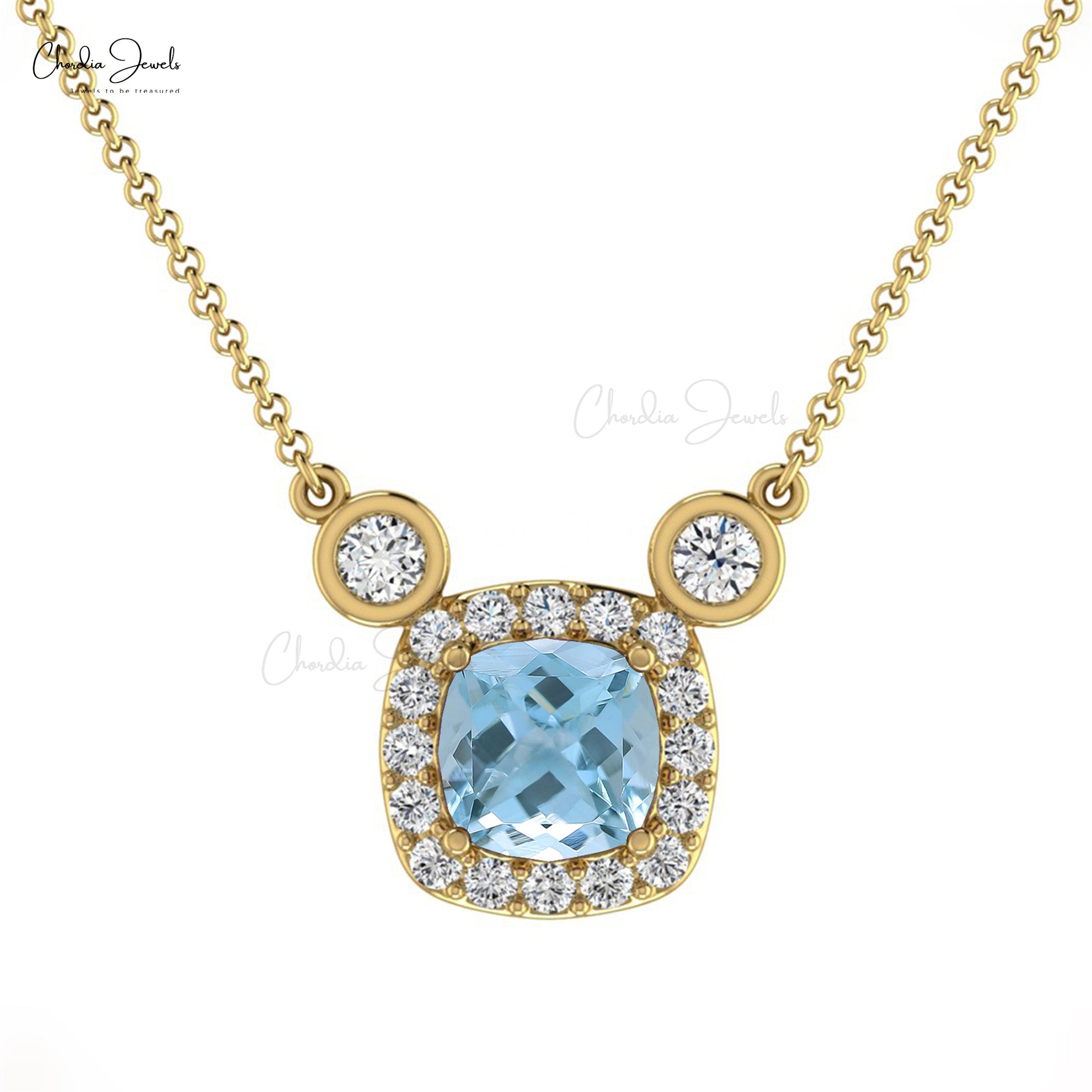 Solid 14k Gold Halo Necklace With 4mm Aquamarine And Diamond Handmade Necklaces