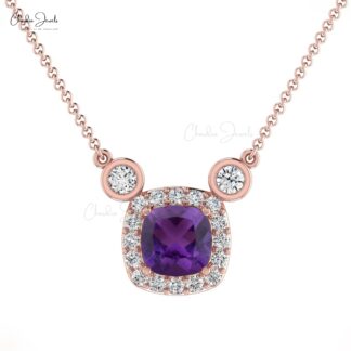 Halo Diamond Unique Necklace in 14k Solid Gold Amethyst Chain Necklace For Bridal