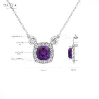 Halo Diamond Unique Necklace in 14k Solid Gold Amethyst Chain Necklace For Bridal