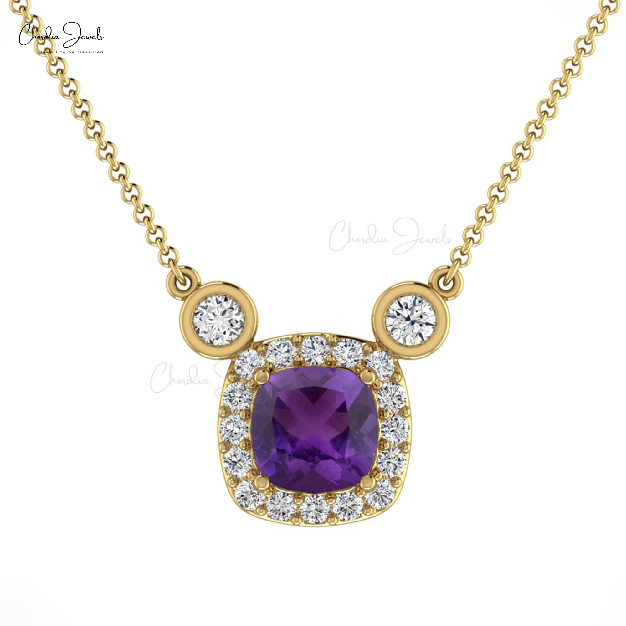 Halo Diamond Unique Necklace in 14k Solid Gold Amethyst Chain Necklace For Bridal