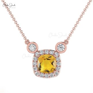 Halo Unique Necklace In Solid 14k Gold Citrine 0.20 Ct Gemstone And G-H Diamond Necklaces