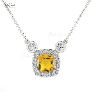 Halo Unique Necklace In Solid 14k Gold Citrine 0.20 Ct Gemstone And G-H Diamond Necklaces