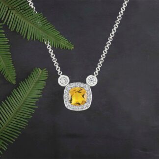 Halo Unique Necklace In Solid 14k Gold Citrine 0.20 Ct Gemstone And G-H Diamond Necklaces