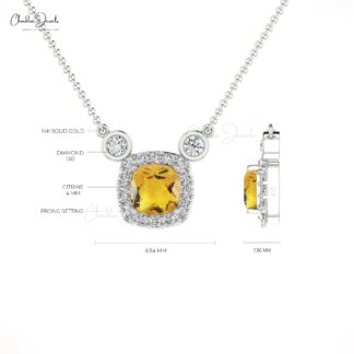 Halo Unique Necklace In Solid 14k Gold Citrine 0.20 Ct Gemstone And G-H Diamond Necklaces