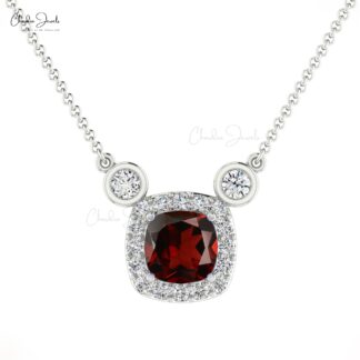 Natural Diamond Halo Garnet Necklace in 14k Solid Gold