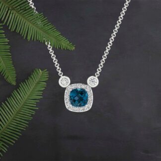 Halo Diamond Chain Necklace In 14k Solid Gold London Blue Topaz Gemstone Necklaces