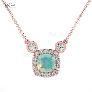 Halo Wedding Necklace In 14k Real Gold Fire Opal 0.20 Ct Gemstone And Diamond Jewelry