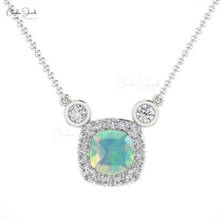 Halo Wedding Necklace In 14k Real Gold Fire Opal 0.20 Ct Gemstone And Diamond Jewelry