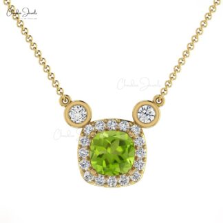 Natural Peridot Halo Necklace With 4mm Gemstone And Diamond 14k Real Gold Jewelry
