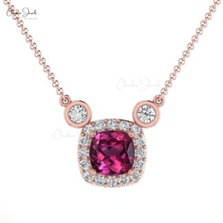 Natural Rhodolite Garnet 14k Solid Gold Diamond Halo Necklace