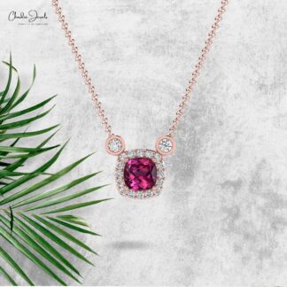 Natural Rhodolite Garnet 14k Solid Gold Diamond Halo Necklace