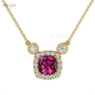 Natural Rhodolite Garnet 14k Solid Gold Diamond Halo Necklace