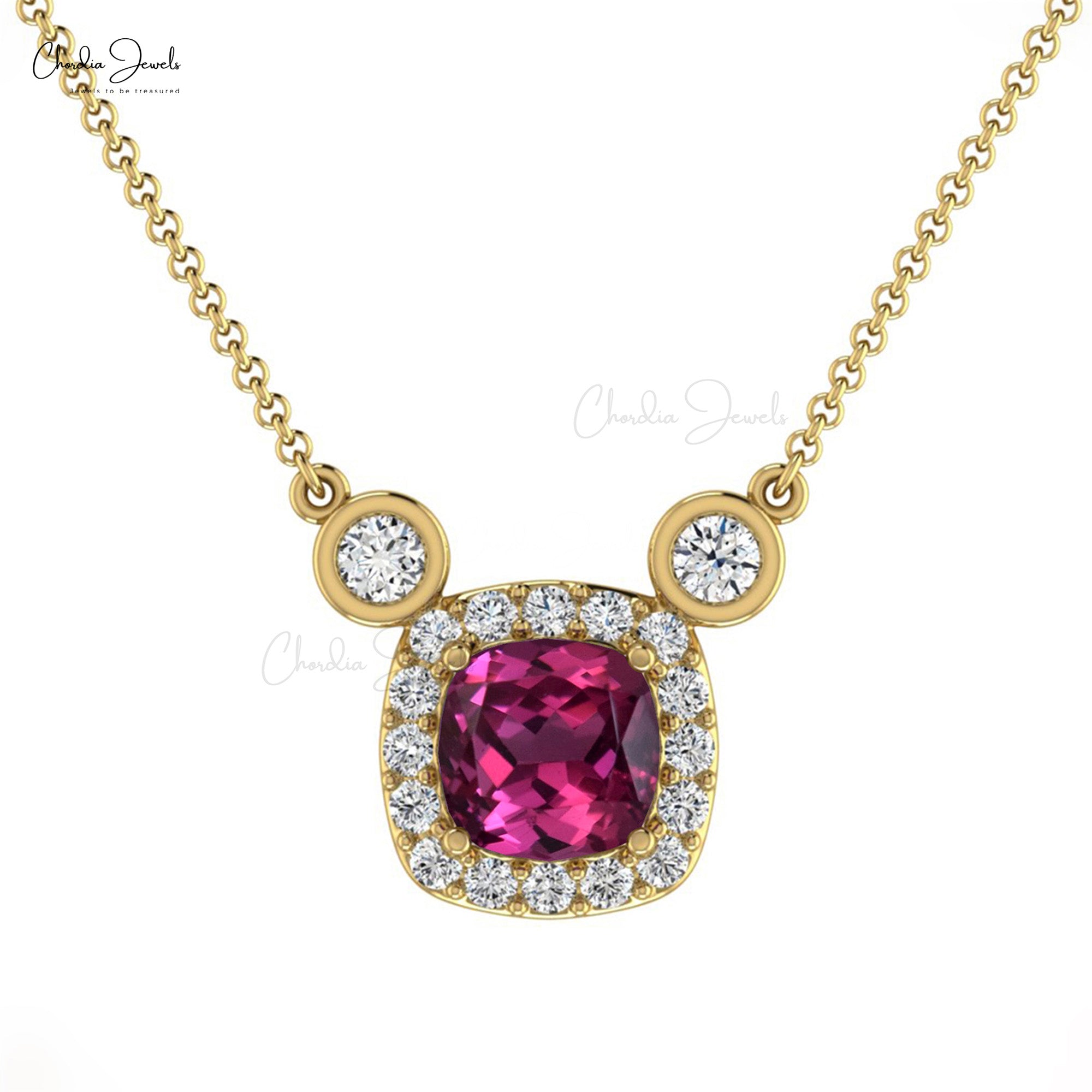 Natural Rhodolite Garnet 14k Solid Gold Diamond Halo Necklace