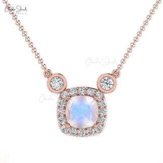 Cushion Cut Halo Necklace With 4mm Moonstone And Diamond Chain Necklace In 14k Real Gold