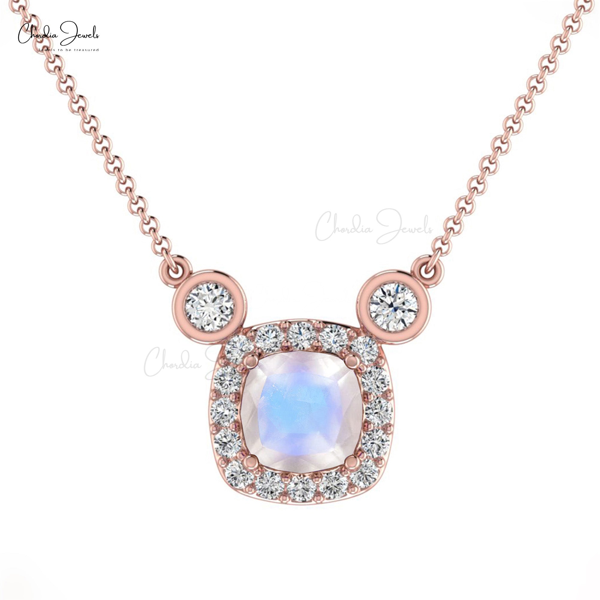 Cushion Cut Halo Necklace With 4mm Moonstone And Diamond Chain Necklace In 14k Real Gold