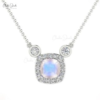 Cushion Cut Halo Necklace With 4mm Moonstone And Diamond Chain Necklace In 14k Real Gold