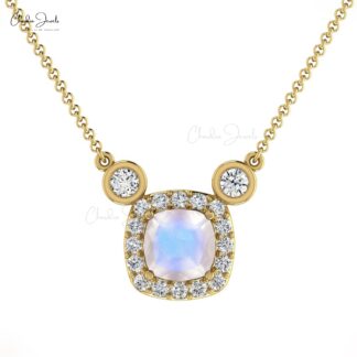 Cushion Cut Halo Necklace With 4mm Moonstone And Diamond Chain Necklace In 14k Real Gold