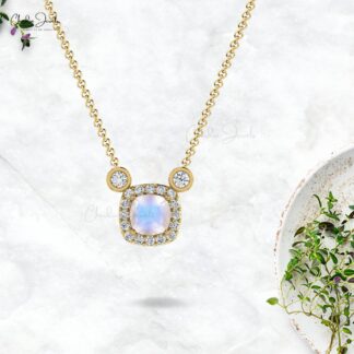 Cushion Cut Halo Necklace With 4mm Moonstone And Diamond Chain Necklace In 14k Real Gold