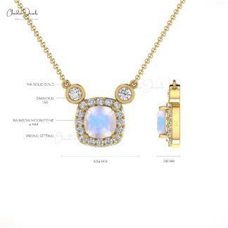 Cushion Cut Halo Necklace With 4mm Moonstone And Diamond Chain Necklace In 14k Real Gold
