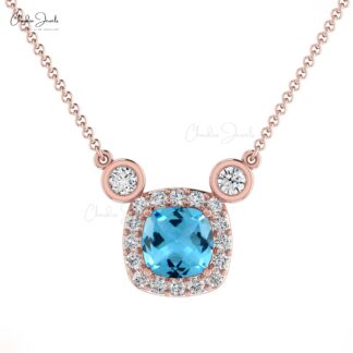 Cushion Swiss Blue Topaz & Round Diamond 14k Gold Halo Necklace
