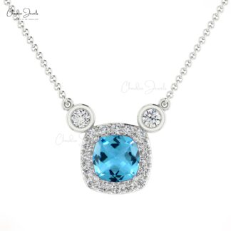 Cushion Swiss Blue Topaz & Round Diamond 14k Gold Halo Necklace