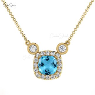 Cushion Swiss Blue Topaz & Round Diamond 14k Gold Halo Necklace