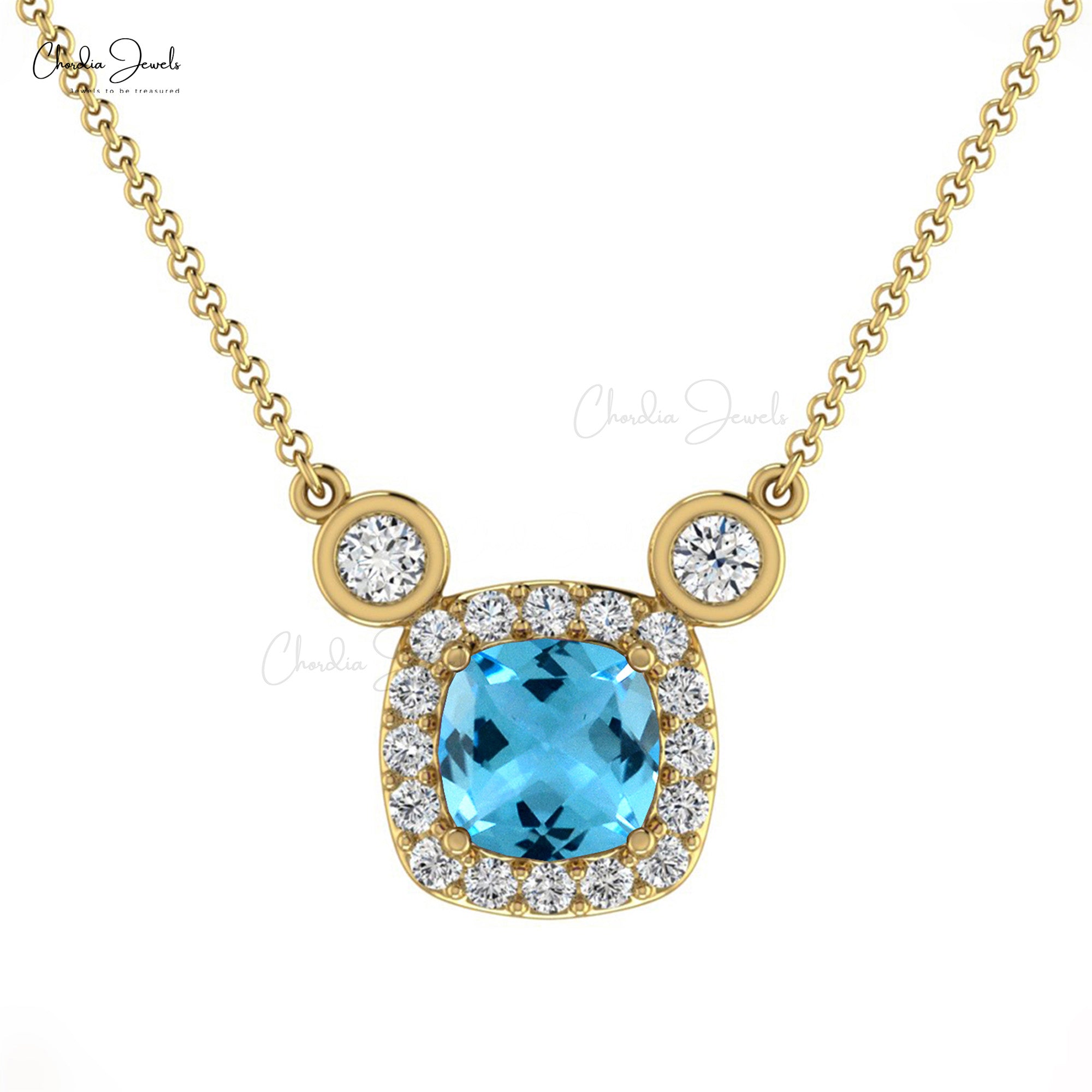 Cushion Swiss Blue Topaz & Round Diamond 14k Gold Halo Necklace