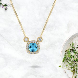Cushion Swiss Blue Topaz & Round Diamond 14k Gold Halo Necklace