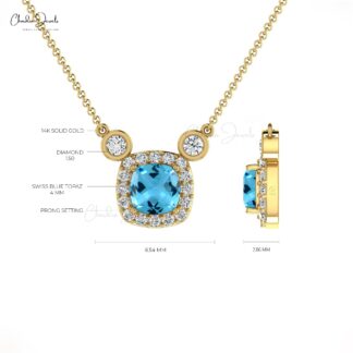Cushion Swiss Blue Topaz & Round Diamond 14k Gold Halo Necklace