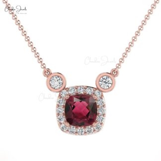 Bezel Set 14k Solid Gold Halo Pink Tourmaline & Diamond Accented Chain Necklace