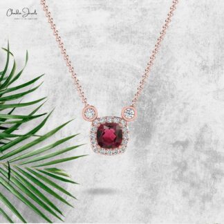 Bezel Set 14k Solid Gold Halo Pink Tourmaline & Diamond Accented Chain Necklace