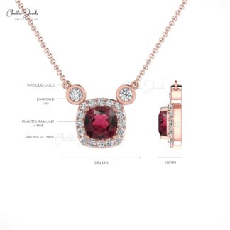 Bezel Set 14k Solid Gold Halo Pink Tourmaline & Diamond Accented Chain Necklace