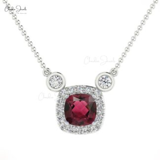 Bezel Set 14k Solid Gold Halo Pink Tourmaline & Diamond Accented Chain Necklace