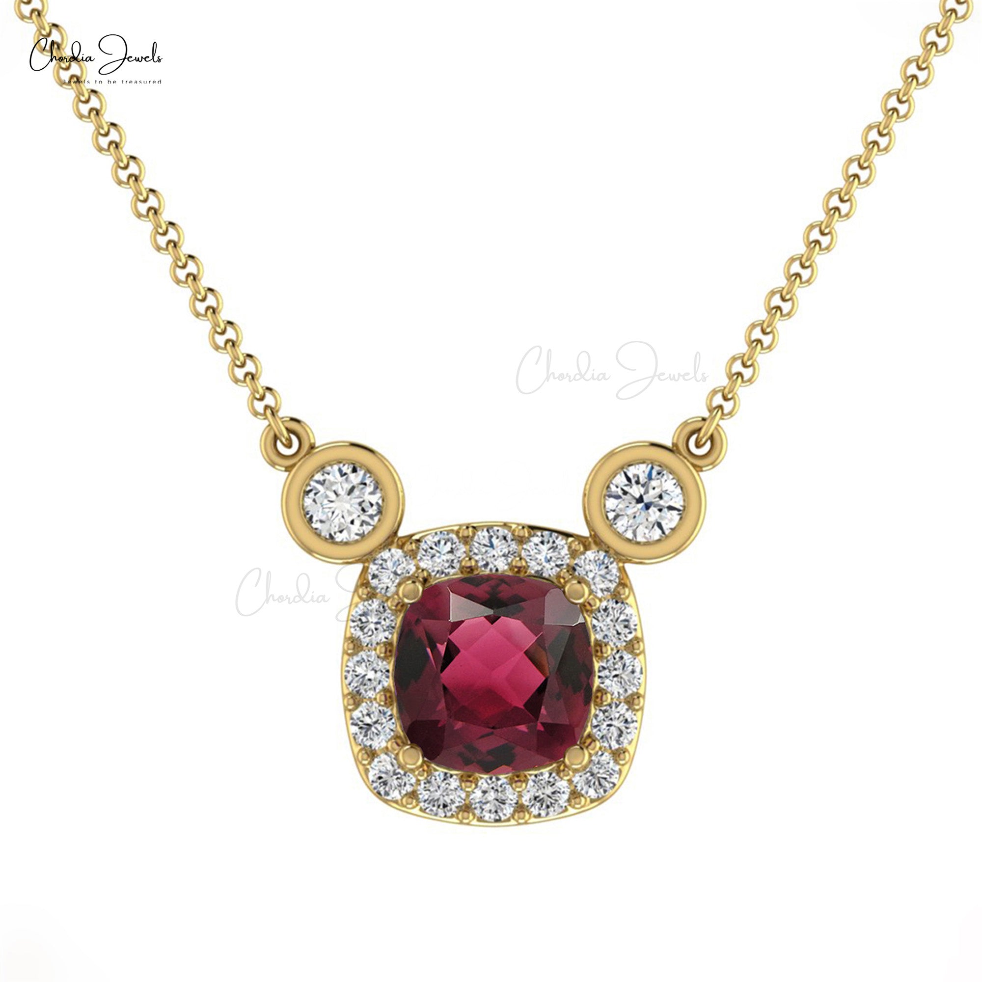 Bezel Set 14k Solid Gold Halo Pink Tourmaline & Diamond Accented Chain Necklace