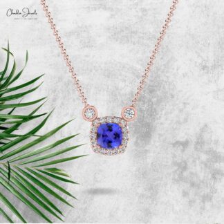 Natural Tanzanite & Diamond Halo Necklace In 14k Solid Gold