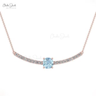Real 14k Gold Aquamarine & Diamond Accents Statement Necklace For Love