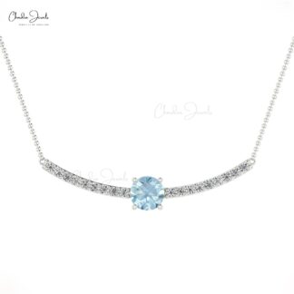 Real 14k Gold Aquamarine & Diamond Accents Statement Necklace For Love