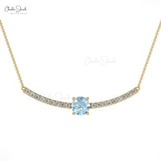 Real 14k Gold Aquamarine & Diamond Accents Statement Necklace For Love