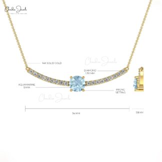 Real 14k Gold Aquamarine & Diamond Accents Statement Necklace For Love