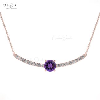 Round Cut Statement Necklace With 5mm Amethyst And Diamond Chain Necklace For Her