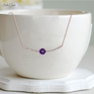 Round Cut Statement Necklace With 5mm Amethyst And Diamond Chain Necklace For Her