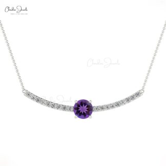Round Cut Statement Necklace With 5mm Amethyst And Diamond Chain Necklace For Her