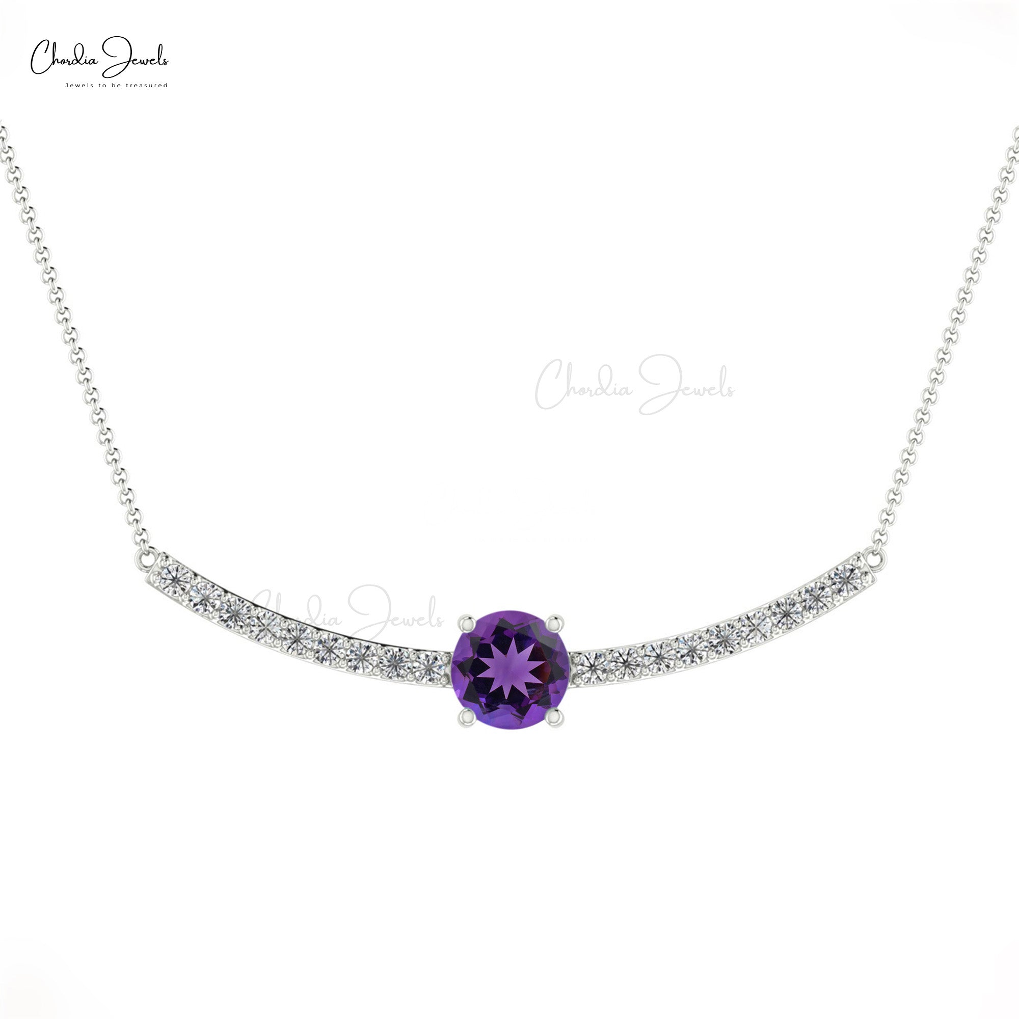 Round Cut Statement Necklace With 5mm Amethyst And Diamond Chain Necklace For Her