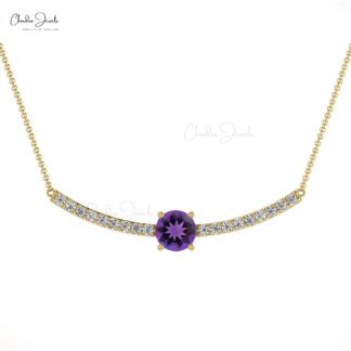 Round Cut Statement Necklace With 5mm Amethyst And Diamond Chain Necklace For Her