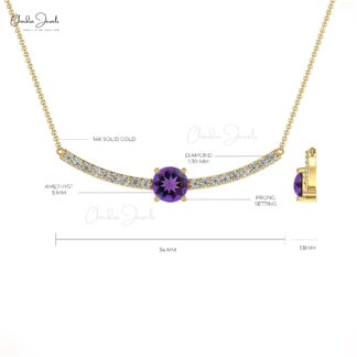 Round Cut Statement Necklace With 5mm Amethyst And Diamond Chain Necklace For Her