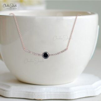 Solid 14k Gold Diamond Bar Necklace with 5mm Black Diamond April Birthstone Chain Necklaces